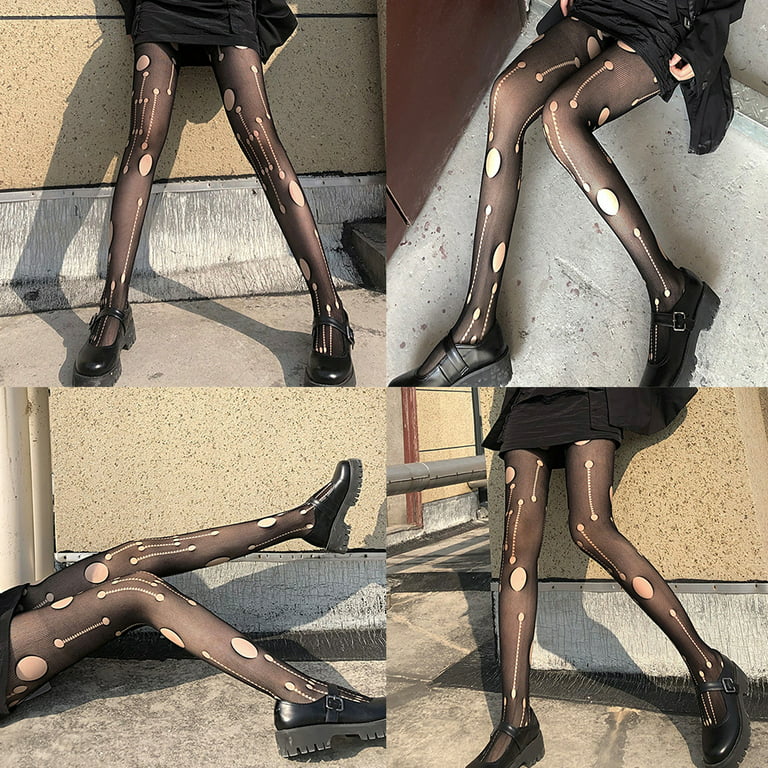 Women Retro Distressed Ripped Hole Black Pantyhose Hollow Out Mesh Fishnet  Silky Tights Stockings Sexy Lingerie Clubwear