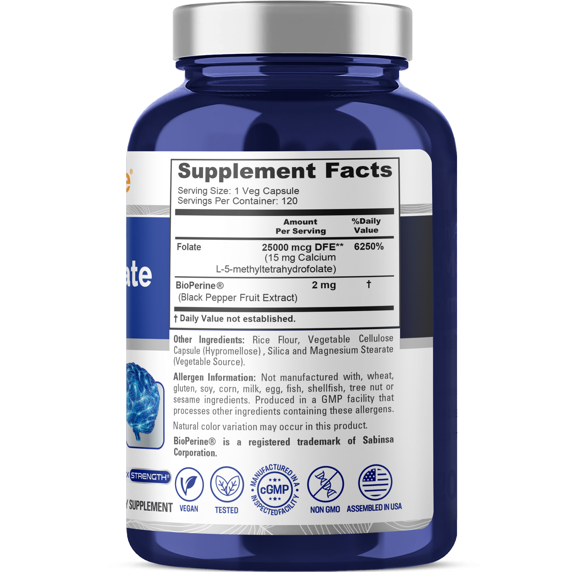NusaPure L-Methylfolate 15mg: Enhance Unisex Wellness with 120 Veggie Capsules featuring Bioperine - Optimize Health Through Dietary Supplements for Adults