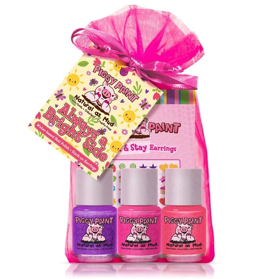 Piggy Paint Always a Bright Side Gift Set, 3 Kid Nail Polishes & Stick-on Earrings