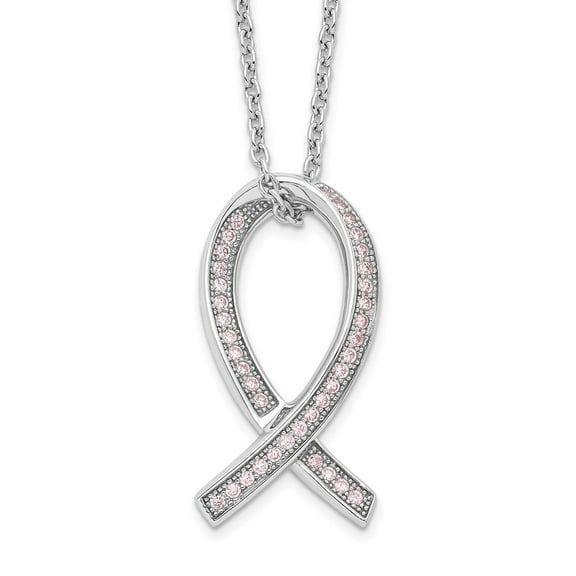 Auriga Fine Jewelry 925 Sterling Silver Rh-plated 38 Stone Micro Pav‚ Pink CZ Awareness Ribbon Necklace for Women 18"