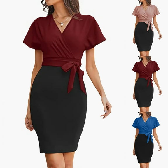 ZZwxWA Women's Business Pencil Dress Short Sleeve Wedding Guest Office Work Dresses Cocktail Party V Neck High Waist Sundress