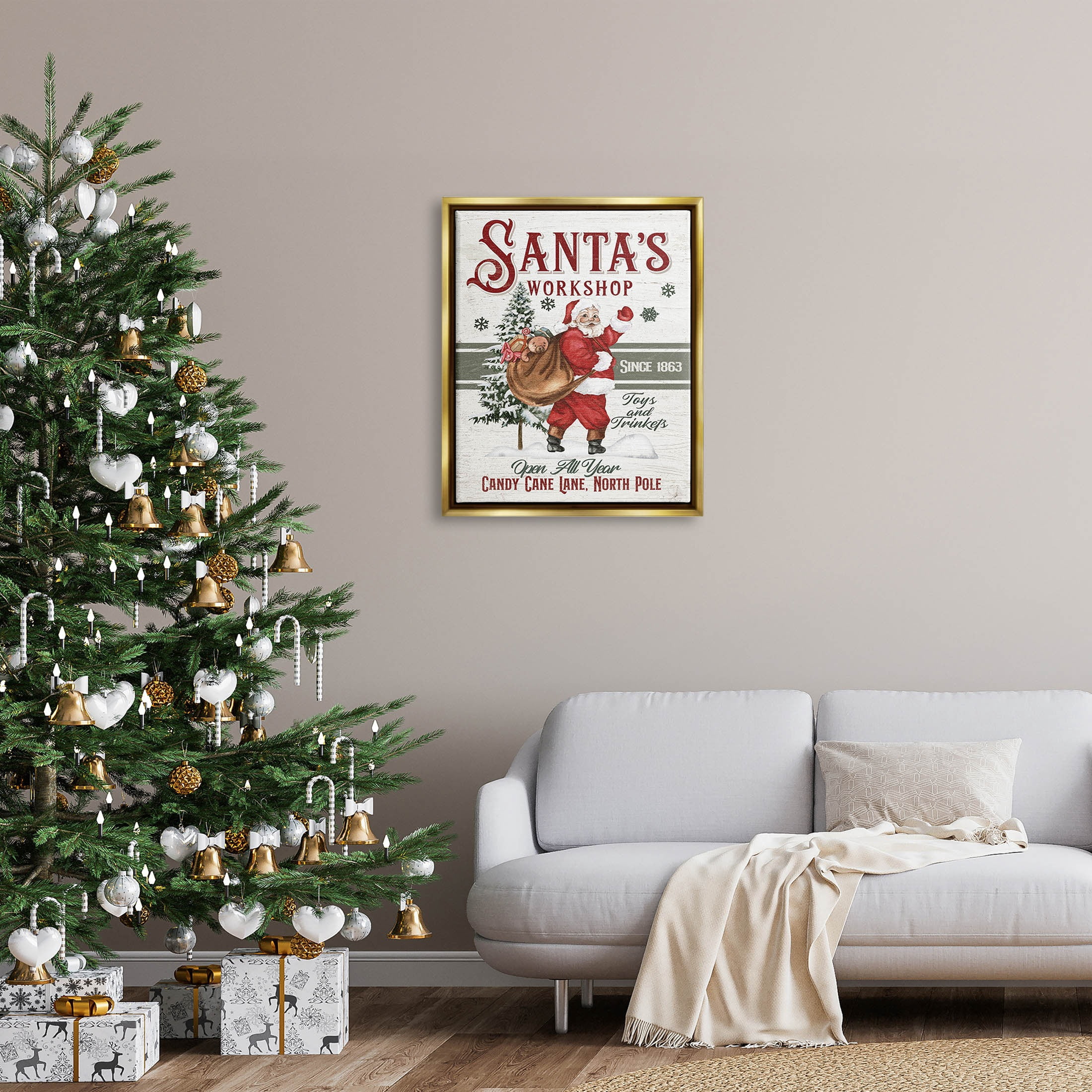 Santa's Workshop Weathered Vintage Sign Holiday Graphic Art Metallic Gold Framed Art Print Wall Art