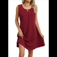 thumbnail image 3 of Vestido de Verano para Mujer, Color Liso, Cuello Redondo, Plisado, Sin Mangas, con Bolsillos, Color Vino Tinto, Talla L, 3 of 9
