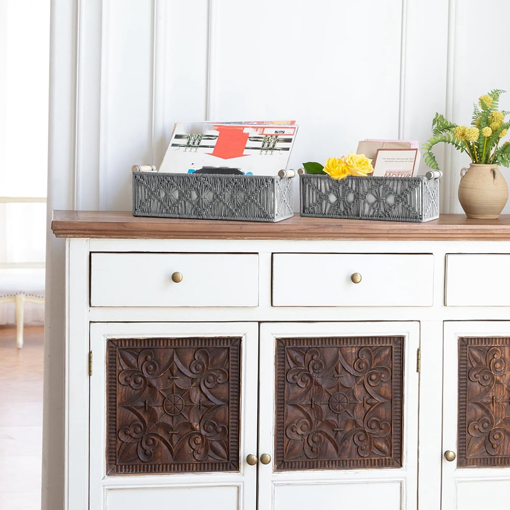 Grey Woven Decorative Storage Baskets Set of 2 for Home Organization