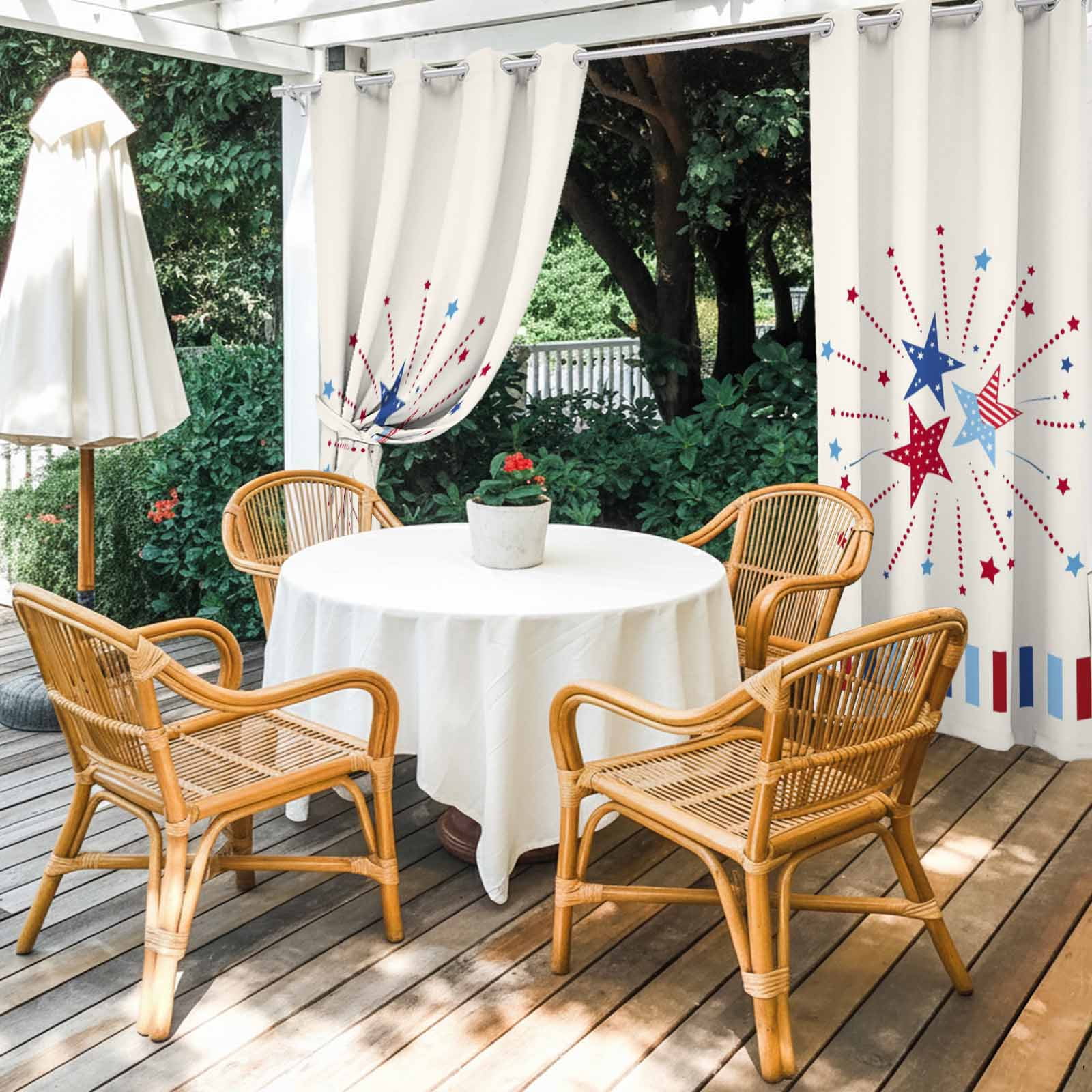 Independence Day Stars Outdoor Curtains for Patio, Modern Abstract Red Blue Stripes Stars Linen Texture Sunshade Privacy Drapes Grommet Waterproof Outside Curtains for Porch Balcony 54"x84", 1 Panel
