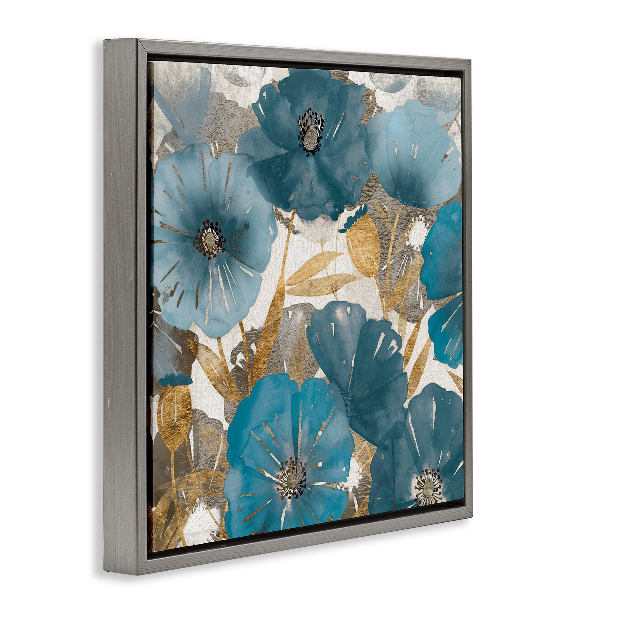 Stupell Industries Elegant Blue Florals Abstract Botanical & Floral Painting Gray Floater Framed Canvas Art Print Wall Art, 25 x 25