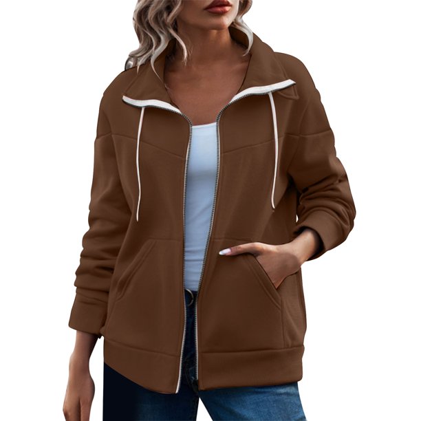 Gibobby chaquetas ligero de rendimiento Chaqueta de suéter de manga larga de otoño e invierno para mujer, chamarra ligero de rendimiento de atlético y Y2K (Café, XL)