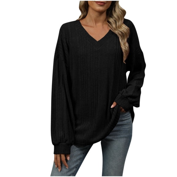 XFLWAM Women's V Neck Puff Long Sleeve Tops Sweaters Fall Fashion Trendy Casual Loose Fit Knit Casual Pullover Tops XL