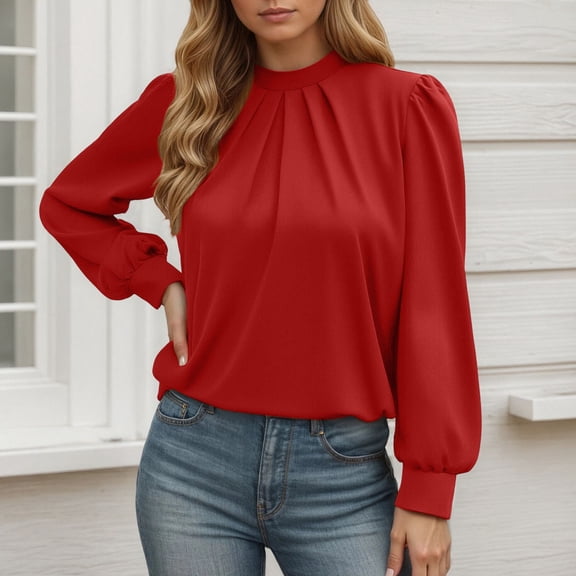 Long Sleeve High Neck Solid Color Pleated Casual Shirt For Everyday Wear