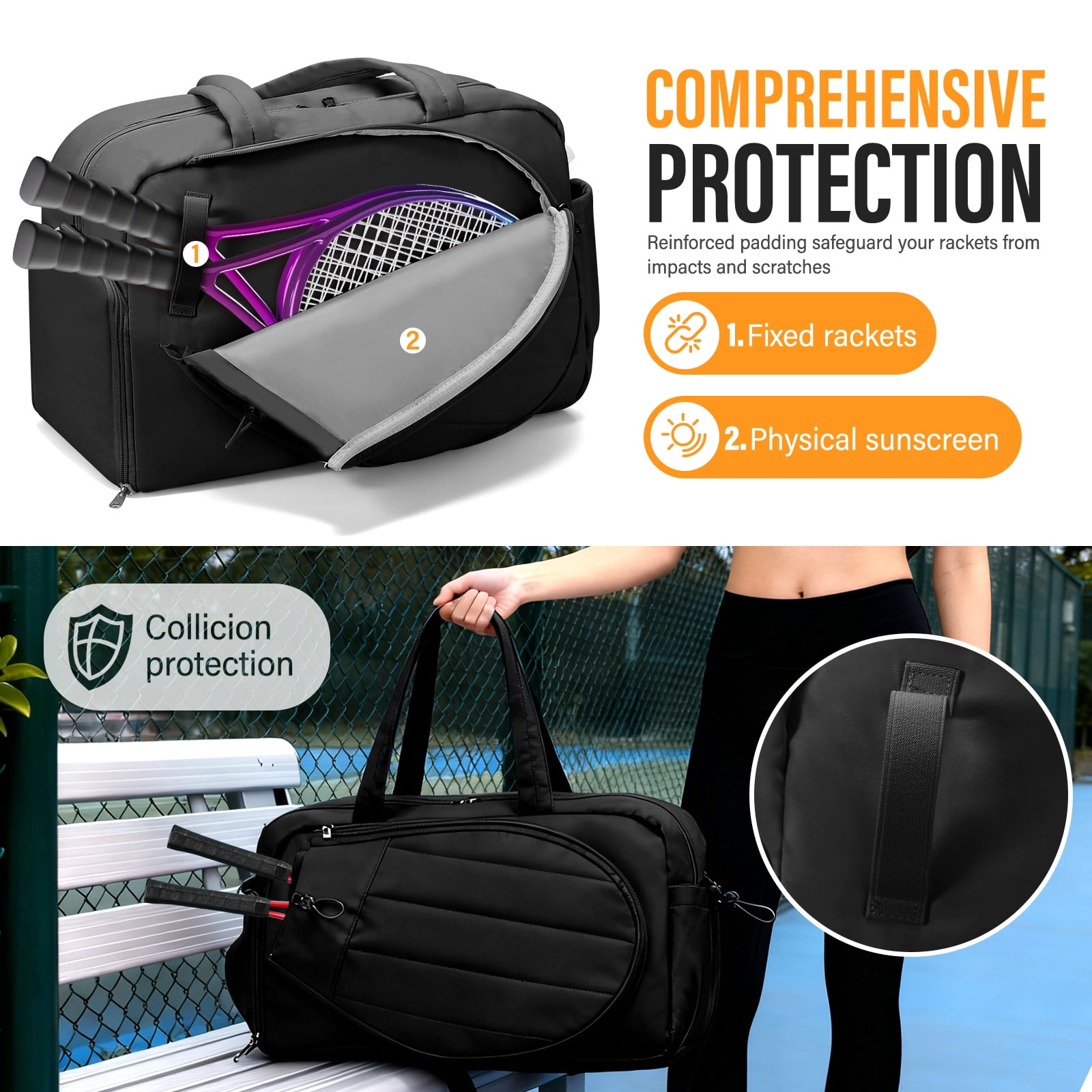 Gocvo Womens Tennis Bag with Shoe Compartment, Versatile Lightweight Tennis Racket Bag, Sports Bag for Tennis Pickleball Badminton (Black)