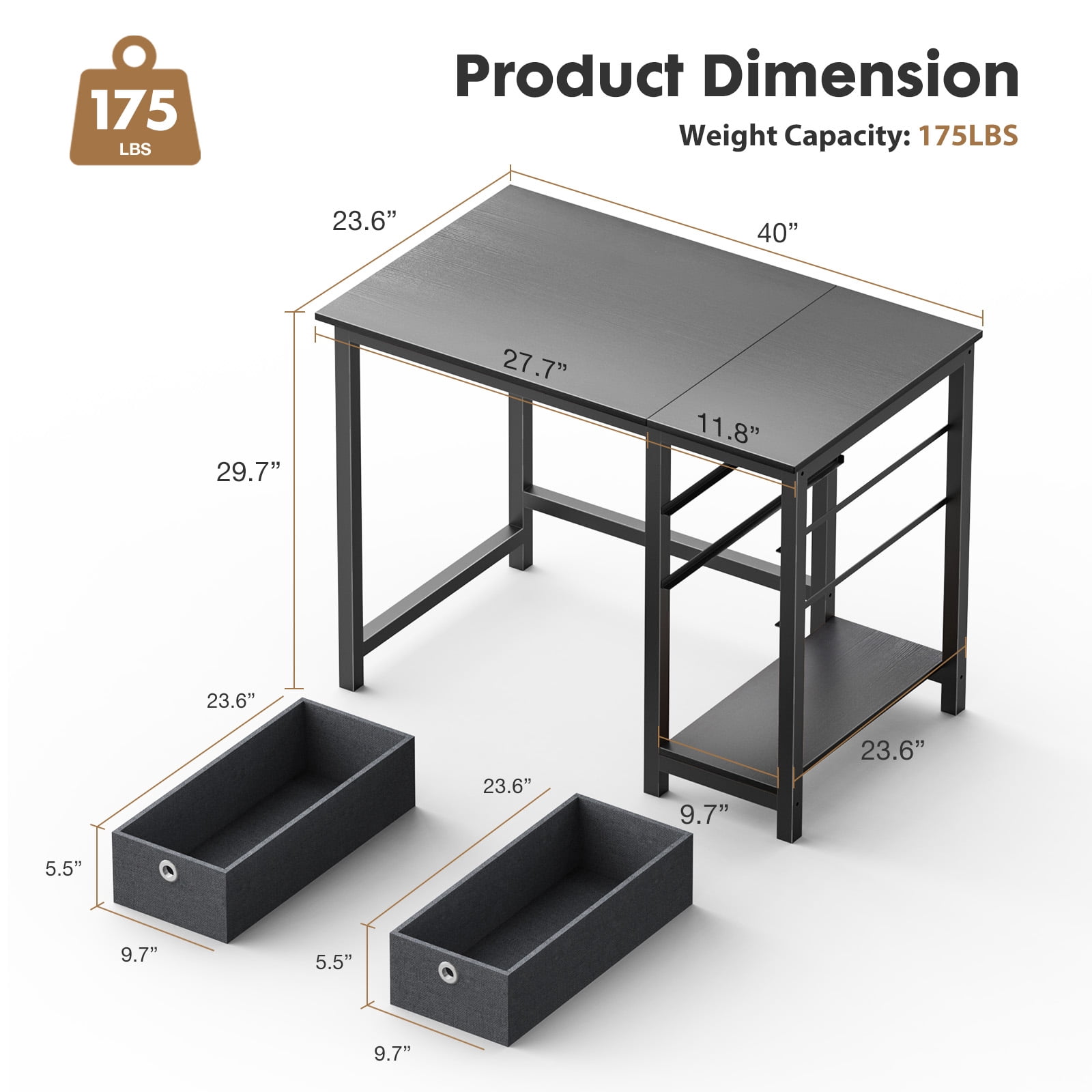 Gianna 40 inch Computer Desk with Storage Drawers, Modern Simple Style Laptop Desk, Black