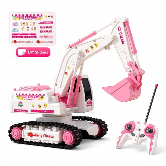Funtogether Toys 1:24 Pink RC Excavator Toy, 6CH Remote Control, 360° Rotation, Alloy Body, Lights, Sounds, DIY Stickers