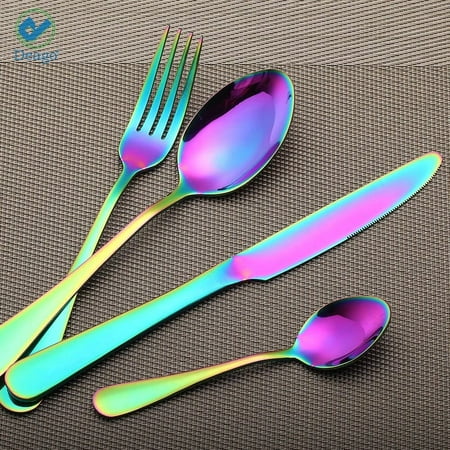 Deago 4pcs Rainbow Color Flatware Set Dinner Steak Knives Forks Spoons Teaspoons Cutlery Set Service for 1