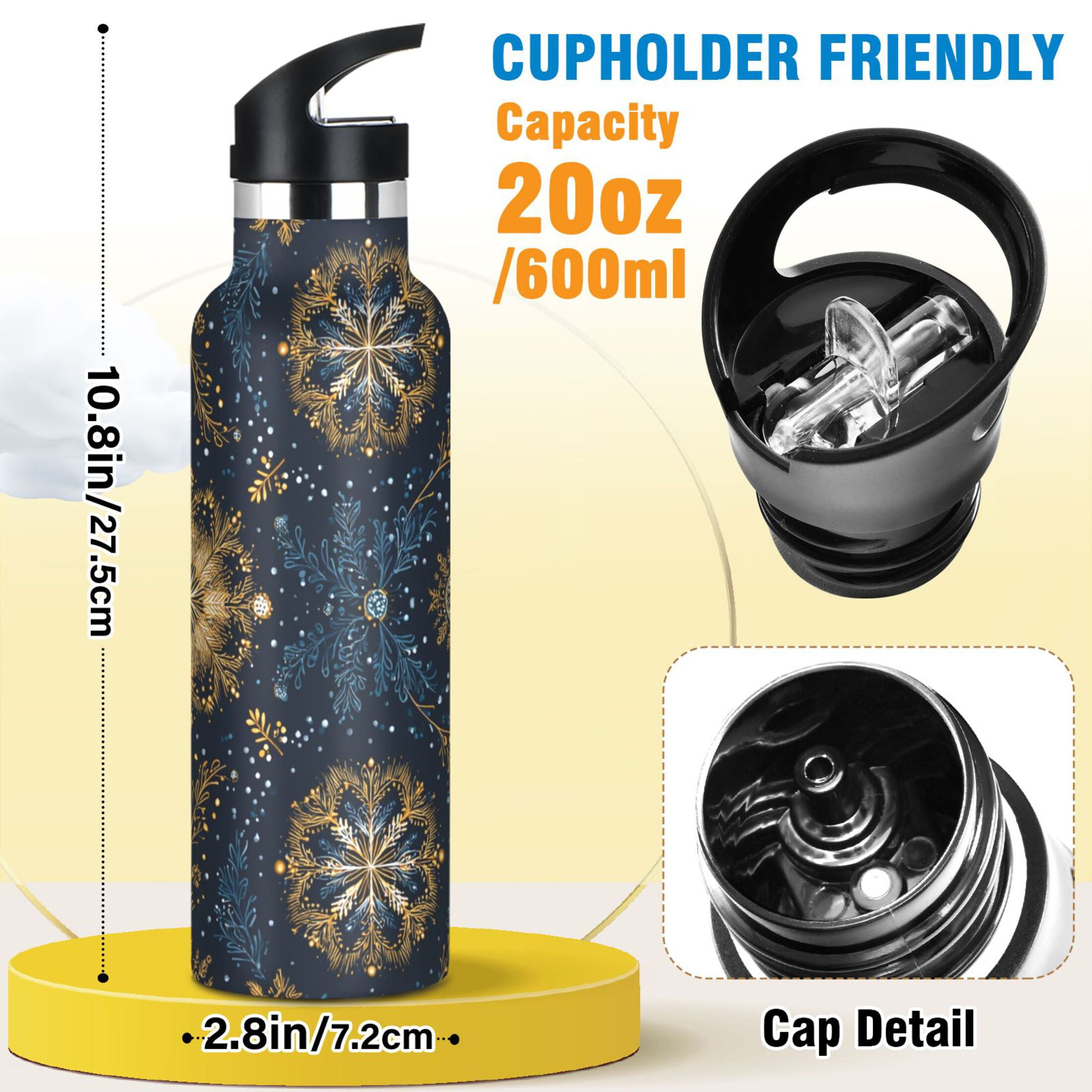 600ML Stainless Steel Insulated Cup Sports Water Bottle Portable Thermos Cup Water Glasses Insulated Tumblers Convenient and Durable Blue Christmas Pattern