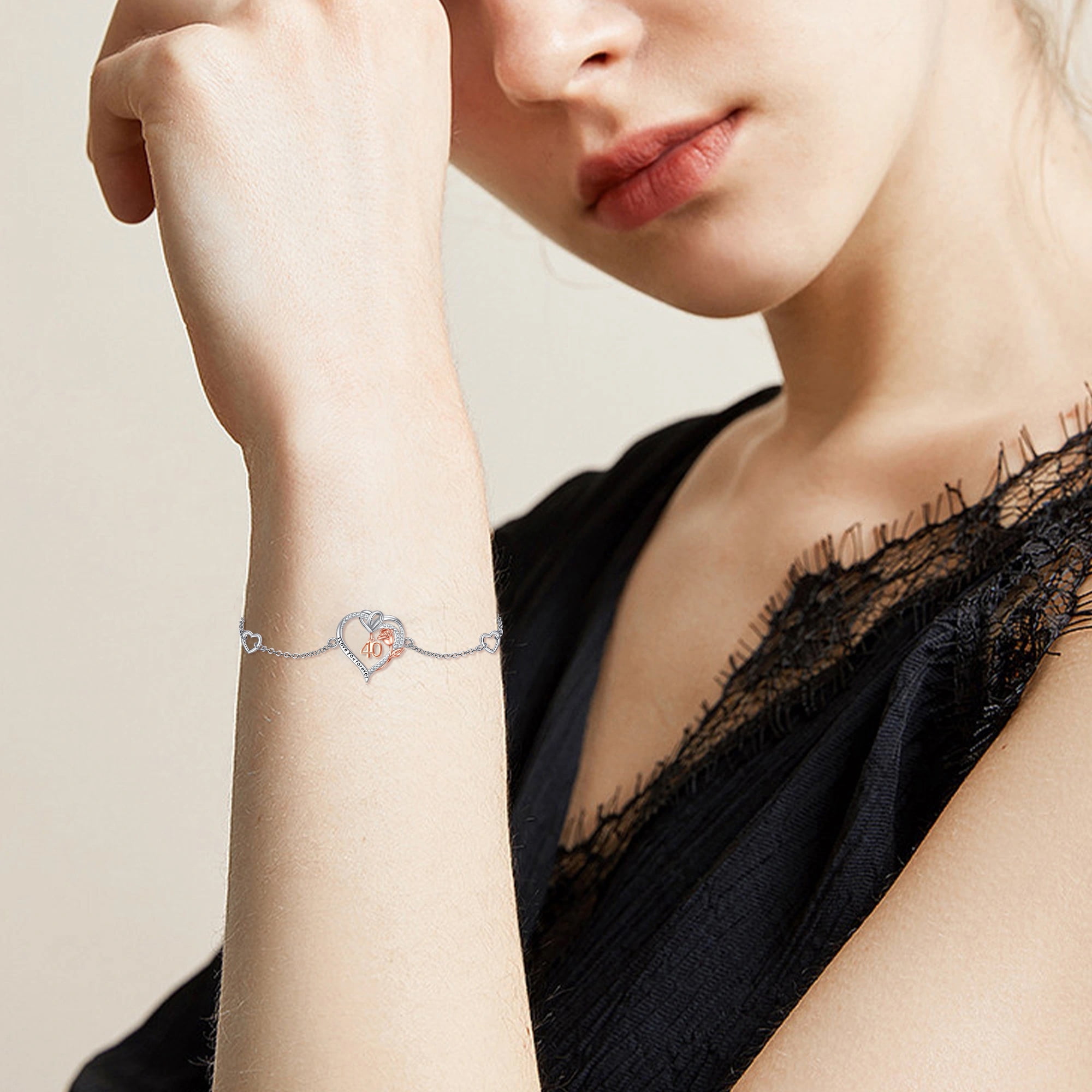 Birthday Bracelet Sterling Silver 40th Birthday Bracelet Heart Rose Flower Birthday Jewelry for Women Mothers Day Christmas Gifts
