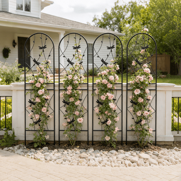 4 Pack Metal Garden Trellis 71" x 19.7" Rustproof Trellis for Climbing Plants Outdoor Flower Support Dragonfly Deco Black