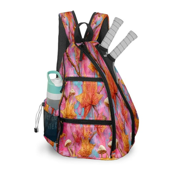 Pickleball Bag with Padded Back, Pink Autumn Leaves Multi-Compartment Paddle Backpack, Lightweight Nylon Sports Bag for Men & Women