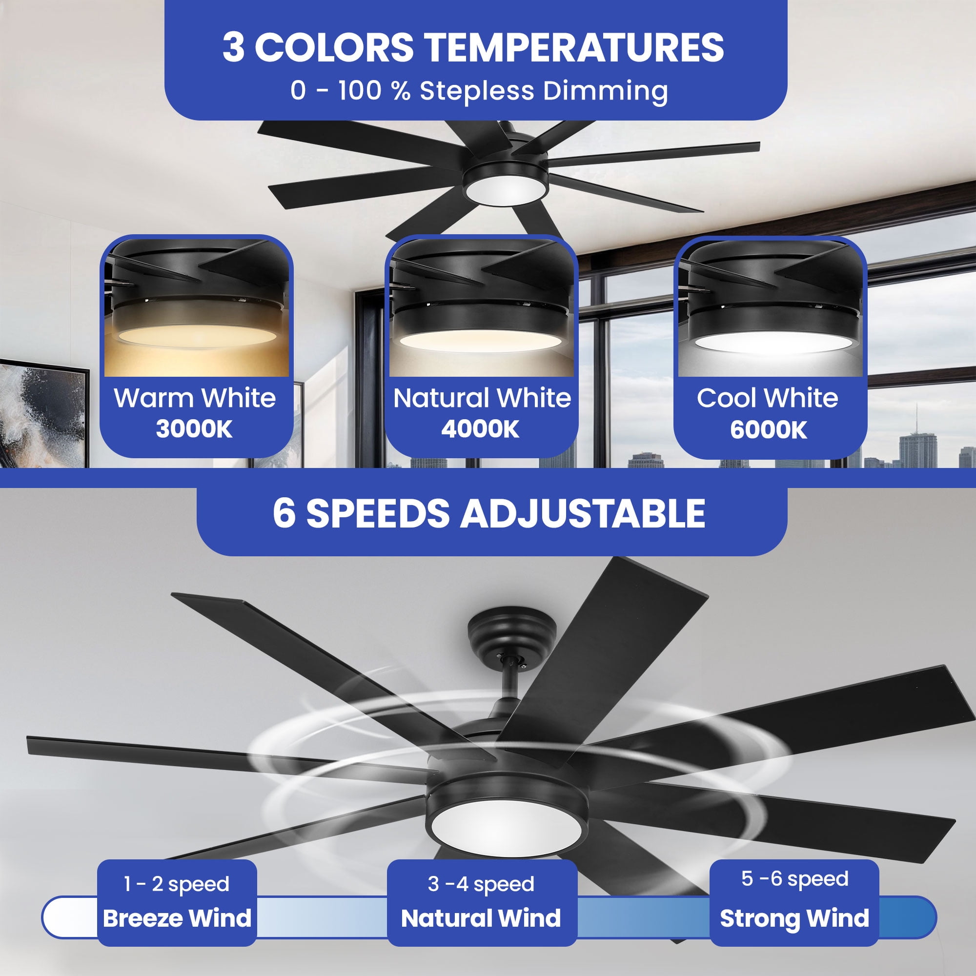 ModFusion 60″ Black Ceiling Fan with Light – Quiet Motor, Dimmable LED, 6 Speeds, Reverse Airflow, 8‑Blade Modern Design