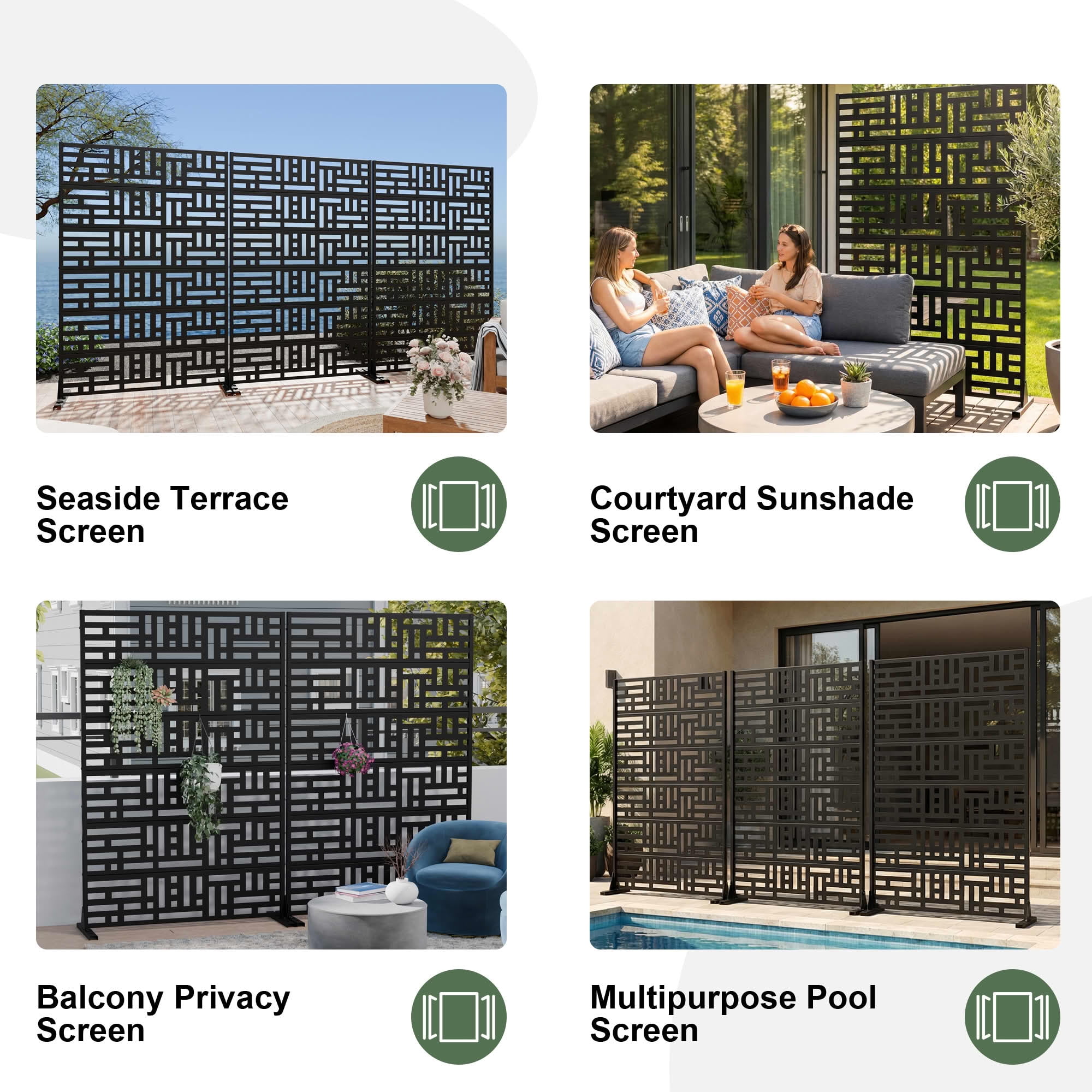 MAYEERTY 72"x47" Privacy Screen, Black Street Pattern 6-Panel Galvanized Steel Screen, Decorative Cutout Fence for Outdoor Patio Yard