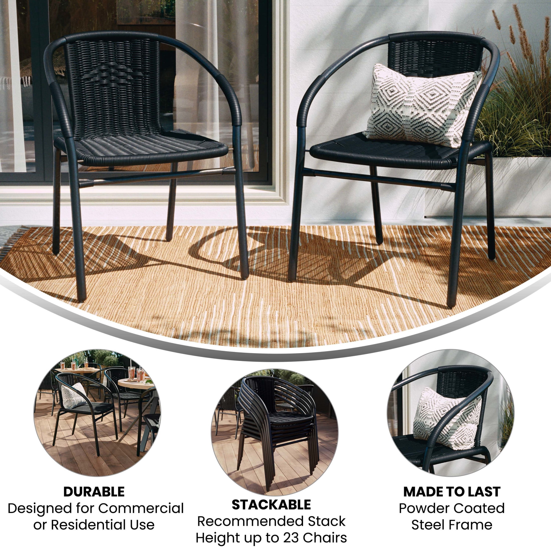 Emma + Oliver 2 Pack Black Rattan Indoor-Outdoor Restaurant Stack Chair with Curved Back