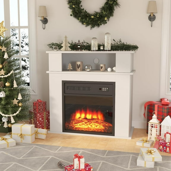 28" Electric Fireplace with Mantel, Small Fireplace tv Stand with 18" Fireplace Insert, 3D Realistic Flame, Portable Freestanding Fireplace with a Shelf for Living Room, Remote Control, White