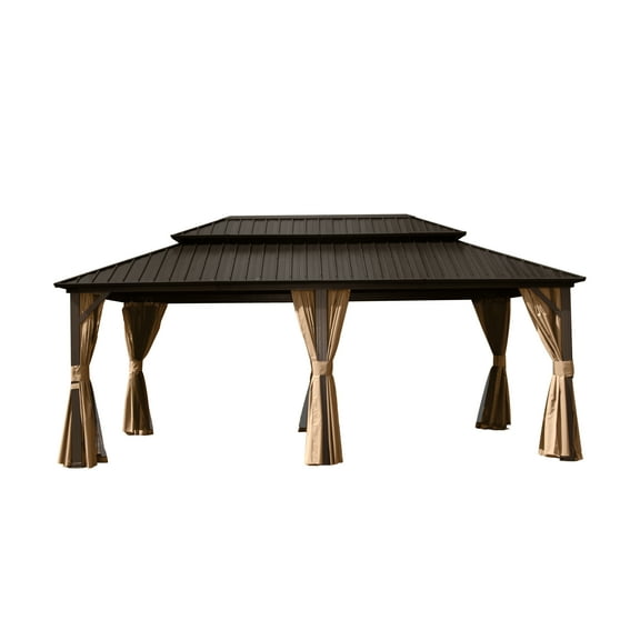 CoSoTower 12' X 18' Hardtop Gazebo, Aluminum Metal Gazebo with Galvanized Steel Double Roof Canopy, Curtain and Netting, Permanent Gazebo Pavilion for Party, Wedding, Outdoor Dining, Brown