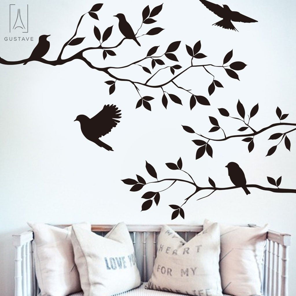 GustaveDesign Vinyl Decal Birds Tree Branches Wall Sticker Removable Vinyl Decor Wall Art for Living Room Bedroom Decoration (13.78' x 23.62')