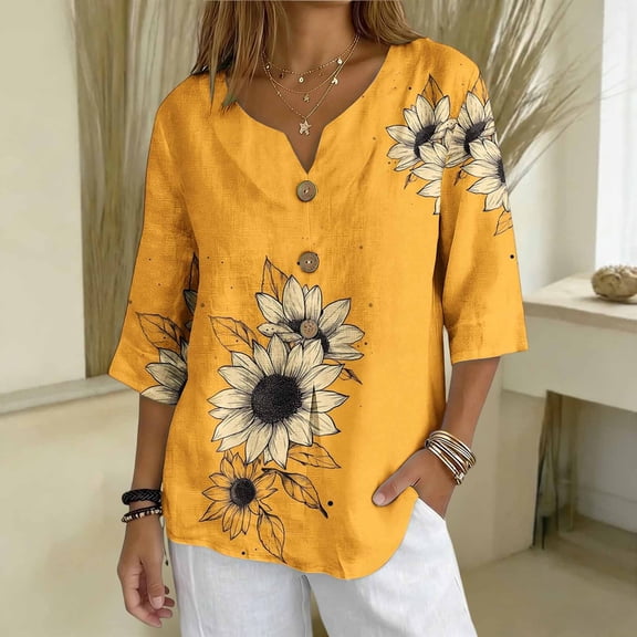 Warop Women's 3/4 Sleeve Tops Fashionable Printed V-Neck Blouse Loose Fit Pullover T Shirts with Decorative Buttons
