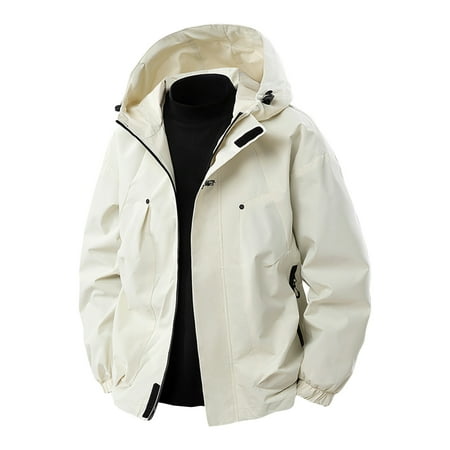 BXINGOHAI Men s Hooded Windproof Rain Jacket Windbreaker 5 Pockets for Hiking Fishing Travel White 3XL