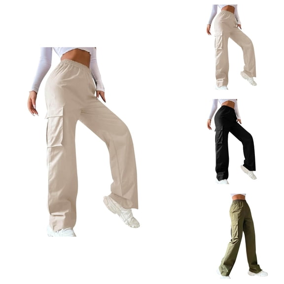 Cargo Pants Women Elastic High Waist Wide Straight Leg Loose Travel Hiking Pants with Pockets Work Trousers