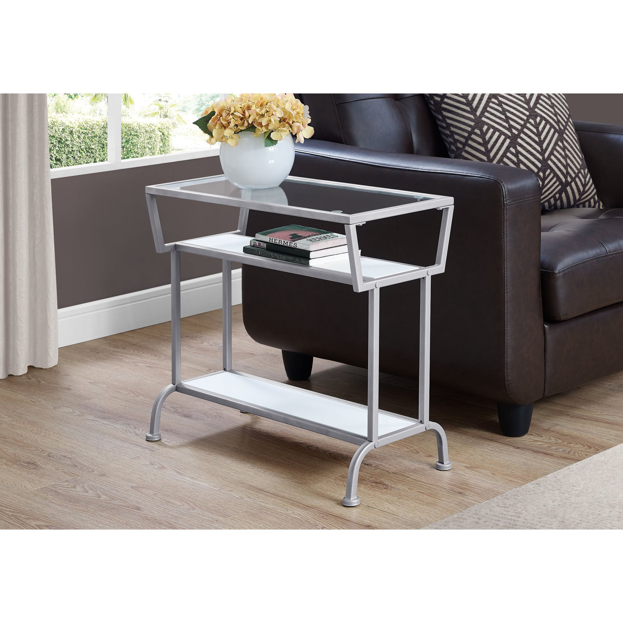 24" White and Silver Rectangular Accent Table with Tempered Glass Top