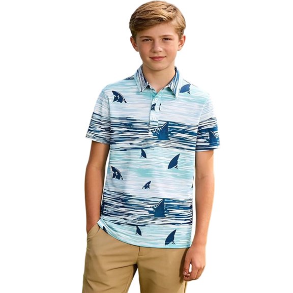 Lullu Toddler Boys Polo Shirt Allover Print Short Sleeve Tshirt Top Breathable Golf Shirt, Sizes 3-4