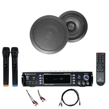 Rockville RPA70WBT Bluetooth Karaoke Amp/Mixer+2) 8 Black Ceiling Speakers+Mics
