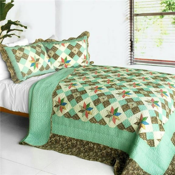 QTS-SJ661-23 Deep in My Heart - 3 Pieces Cotton Contained Vermicelli-Quilted Patchwork Quilt Set  Full & Queen Size - Green
