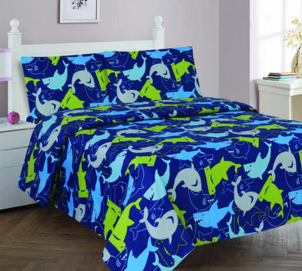 3-Piece Full Shark Blue for Kids Microfiber Bedding Quilt Set, 1 Print Quilted Coverlet with 2 Matching Pillow Shams Included
