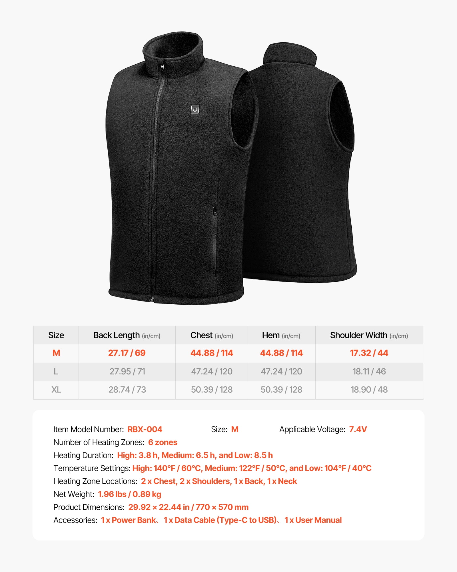 VEVOR Heated Vest, Men Electric Heating Vest with 16000 mAh Battery Pack, 6 Heating Zones Lightweight Rechargeable Winter-Vest with 3 Levels, for Outdoor Hiking Camping Fishing Skiing, Size M