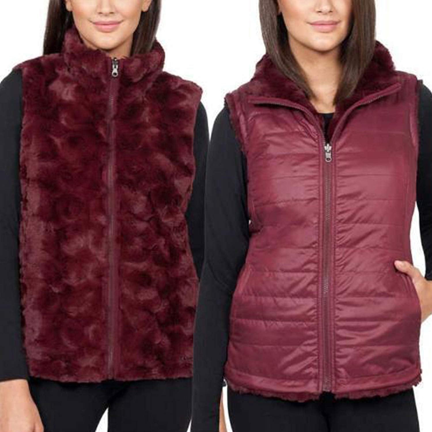 Nicole Miller Original Women's Vest Reversible Faux Fur, Berry, Small