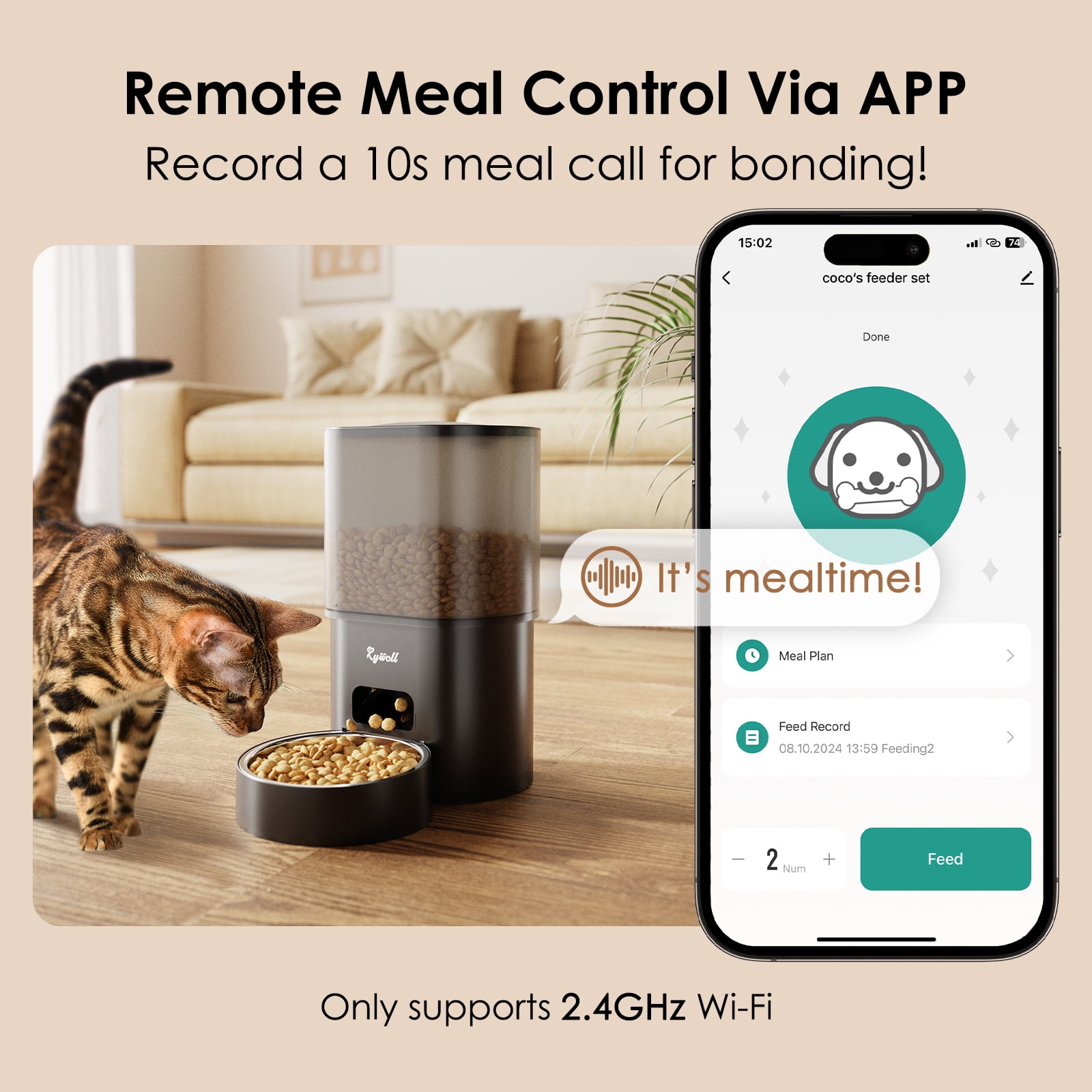 Rywell Automatic Cat Feeder with Water Dispenser, 2-in-1 Feeding Set with Feeding Schedule & Voice Recorder, Dual Power Supply, Auto Cat Food Dispenser for Cat
