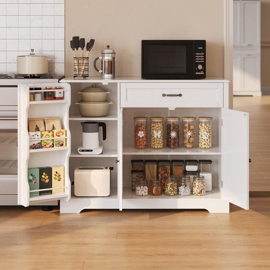 Aiho 42” Coffee Bar Cabinet with Storage, Kitchen Storage Cabinet, Sideboard Buffet Cabinet with 8 Shelves, 1 Drawer - White