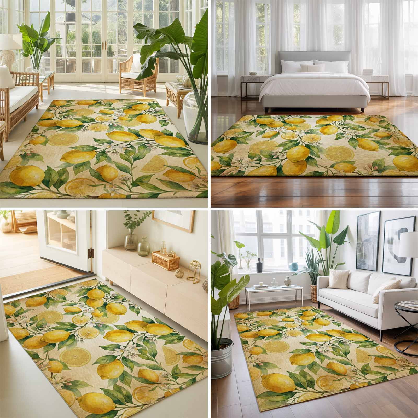 Large Area Rugs 8'x10', Lemon Carpet Runner Indoor Outdoor Rugs Home Decor Aesthetic, Farmhouse Vintage Summer Retro Fruits Yellow Brown Non Slip Mats Washable Accent Rug for Living Room Bedroom