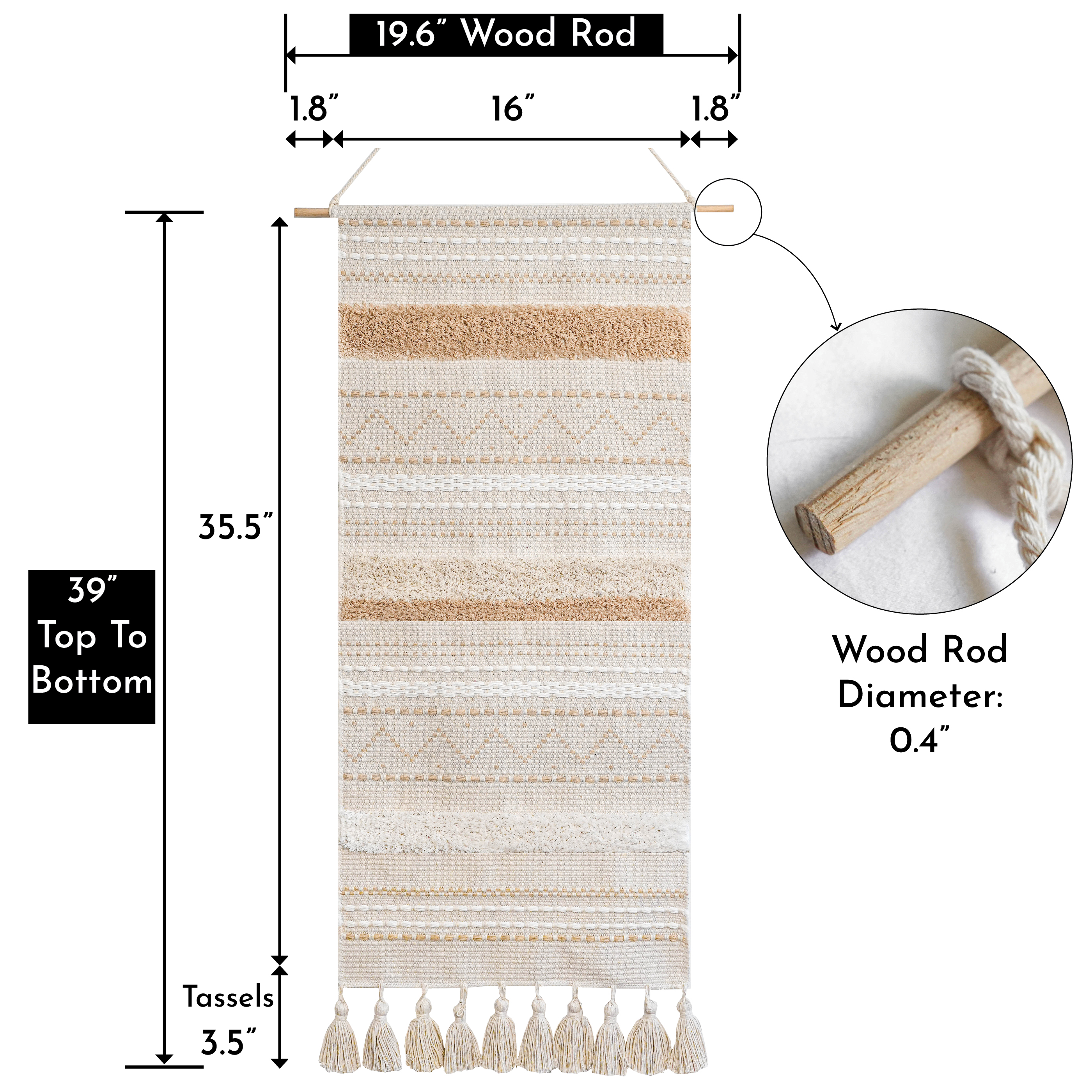 BlissBlush Long Vertical Wall Hanging Tapestry Woven Boho Farmhouse Decor Cream Beige Tassel Handmade Wall Art Decoration for Bedroom Living Room Dorm Nursery Apartment, 16x39 INCH