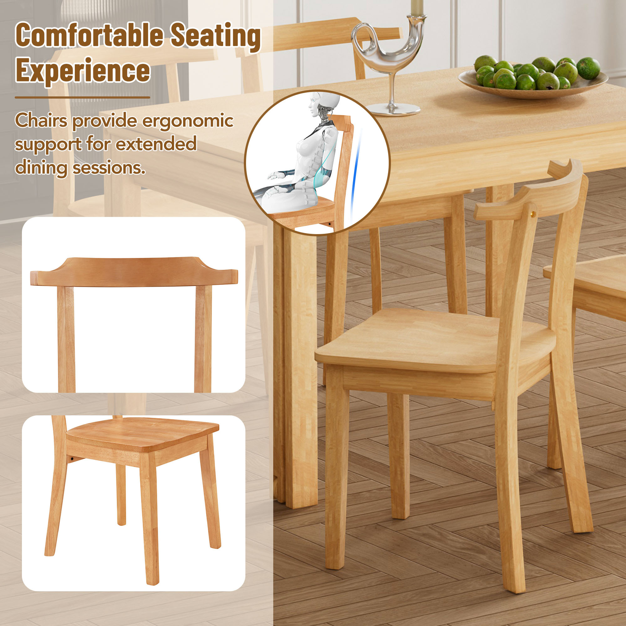 EUROCO 65" 5PCS Solid Wood Extendable Dining Table Set with Wheels,Dining Room Table Set with 17.7" Pull-out Side Table and 4 Dining Chairs for Small Places, Natural