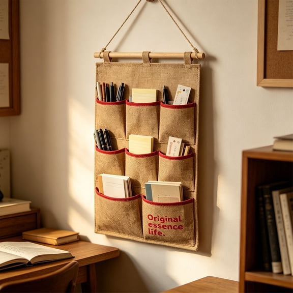 Wall Hanging Organizer with 8 Pockets, Linen Storage Pouch with Wooden Rod, Over Door Multi-Purpose Wall Mount Organizer for Bathroom, Bedroom, Office