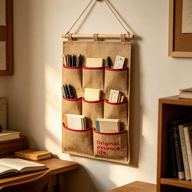 Linen Wall Hanging Storage Organizer 8 Pockets Multifunctional Hanging Wall Organizer Bag With Wooden Rod Space Saving Jute Wall Mount Storage Pouch