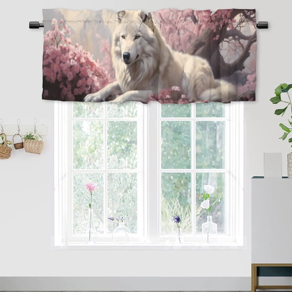 Wolf Window Curtain Valance Wildlife Animal Forest Cherry blossoms Natural Landscape Window Valance for Living Room Bedroom, Kitchen Valance Rod Pocket Window Curtain 54 by 18 in, 1 Panel