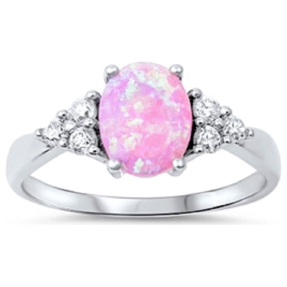 Oval Center & Side Stones Ring Pink Simulated Opal Sterling Silver Size 4