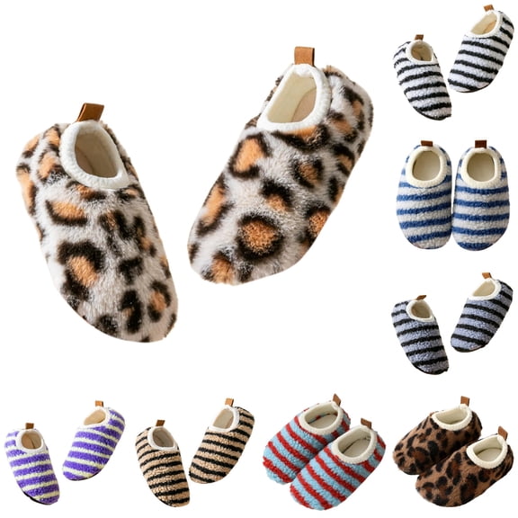 GobdXE Leopard Print Kids Fuzzy Closed Back Slippers Warm Indoor House Slippers for Home Wear Size:4-5 Years