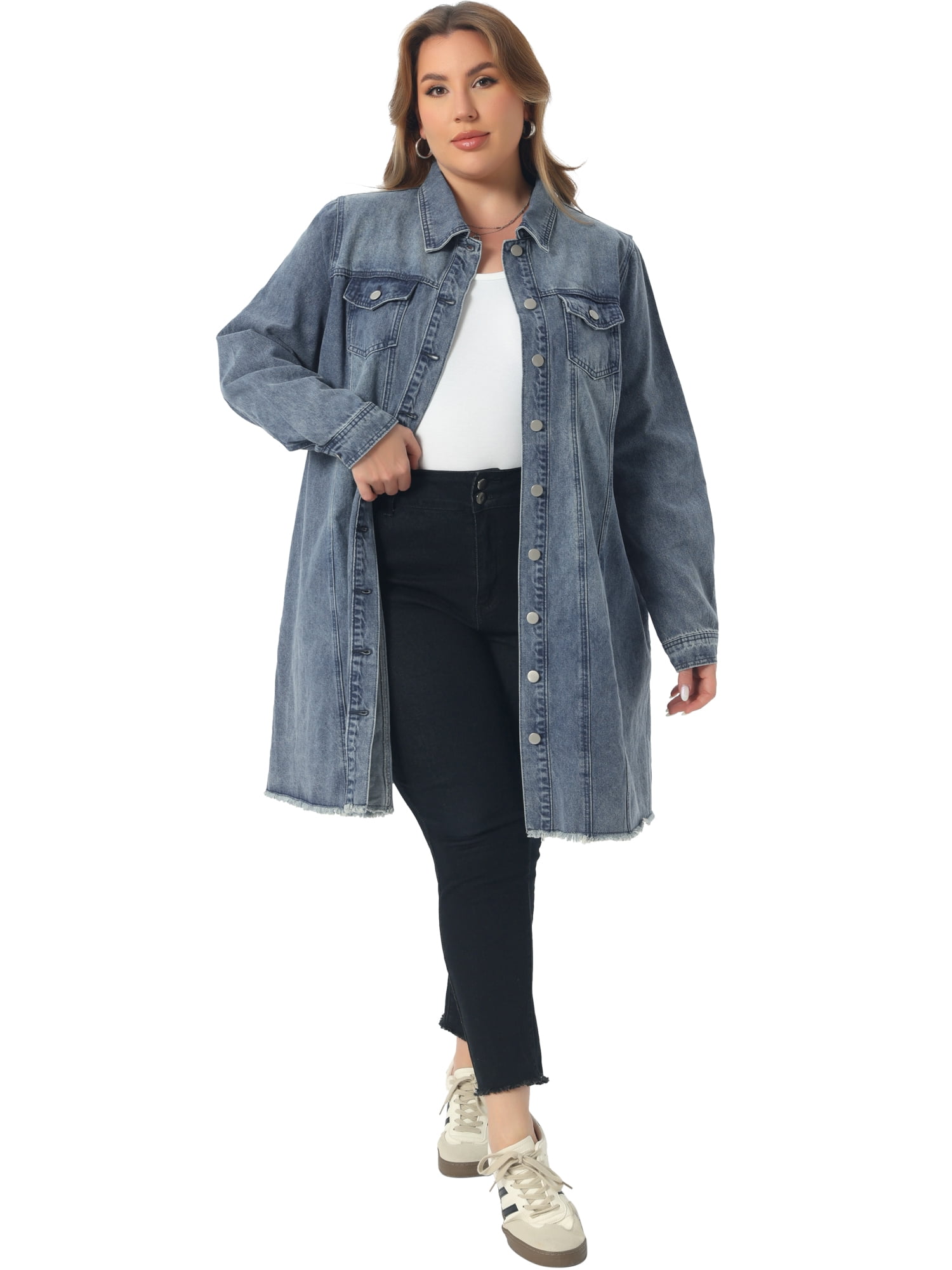DARING DIVA Women's Plus Size Long Distressed Button Up Denim Jacket 4X Dusty Blue