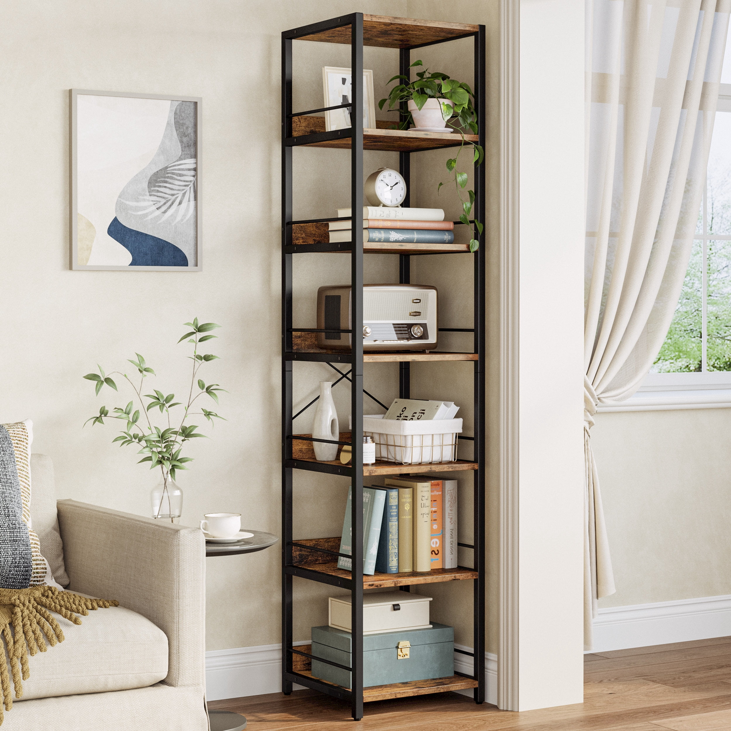 IRONCK 6-Tier Corner Bookcase,  74.8" Tall Narrow  Corner Shelf Stand，Plant Stand，Display Shelf，Wall Corner Bookshelf for Living Room，Bedroom，Home Office