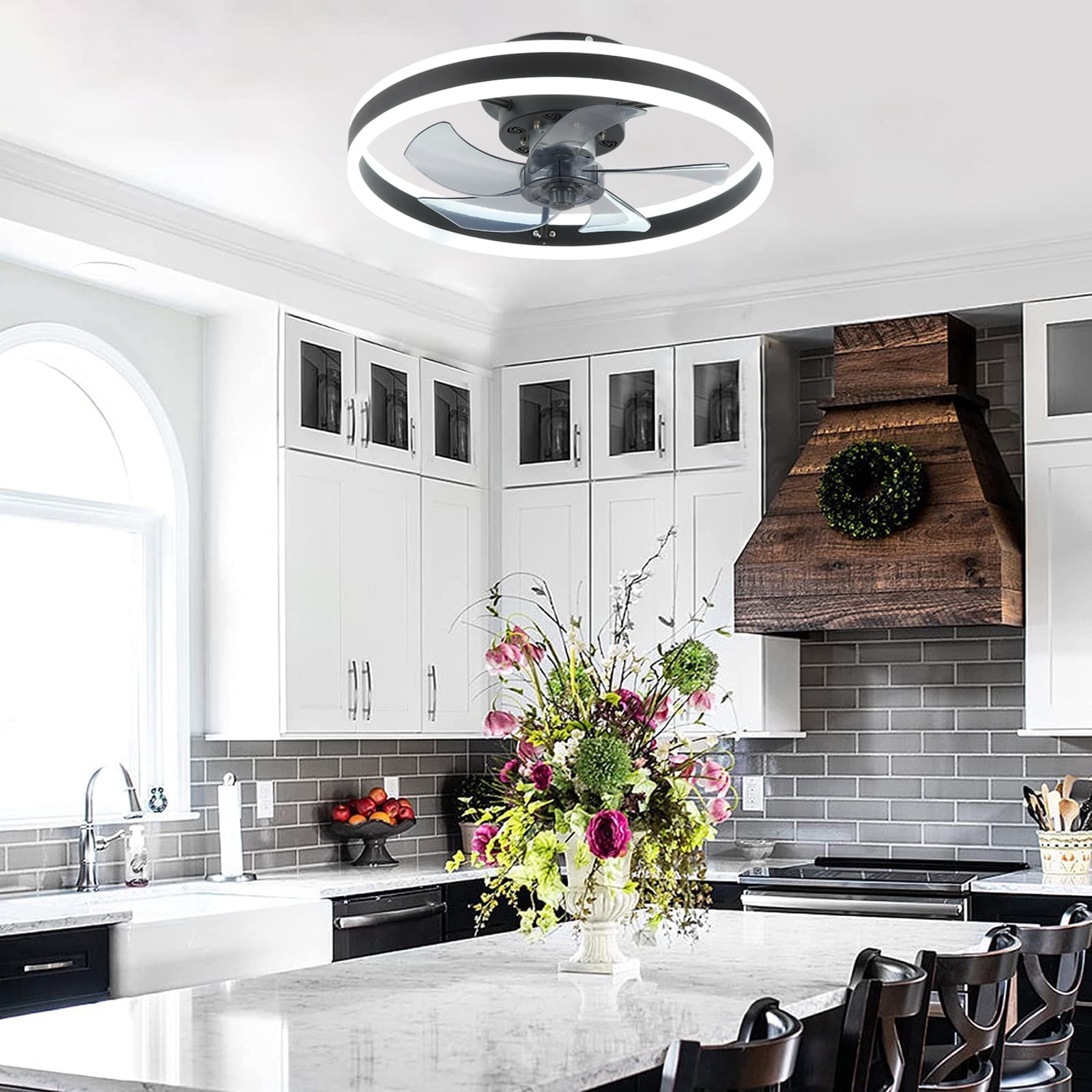 JLPAN Ceiling Fans with Lights, Low Profile Flush Mount Modern Bladeless Ceiling Fan and Remote Control, 19.7" Dimmable LED 3 Colors and 6 Speeds - Black